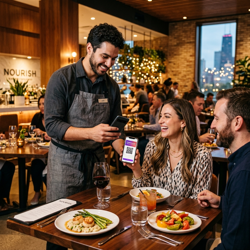 Mesero escaneando código QR en restaurante